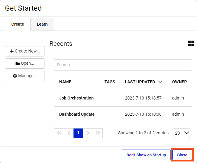 Closing the Get Started window